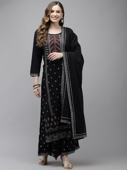 Dhiyona IS Women's Floral Printed Beads and Stones Kurta with Palazzos & With Dupatta