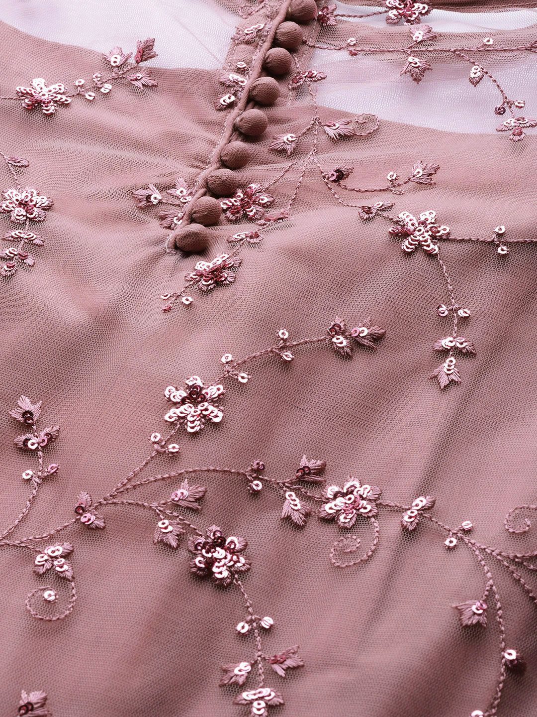 Dhiyona IN Women Mauve Net Floral Embroidered Sequinned Kurta with Palazzos & Dupatta