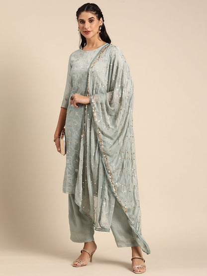 Dhiyona SN Women Grey Ethnic Motifs Embroidered Regular Sequinned Chanderi Silk Kurta with Palazzos & With