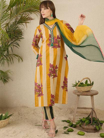 Women Tribal Striped Regular Pure Cotton Kurtas & Trousers With Dupatta