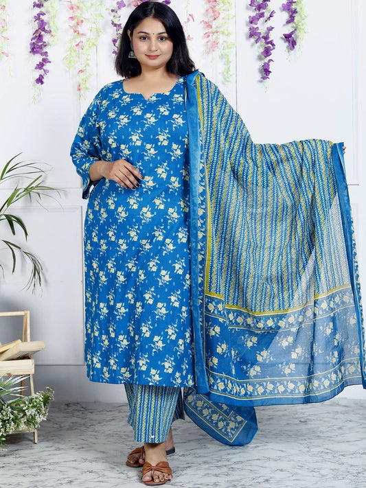 Dhiyona KL Women Floral Printed Regular Sequinned Pure Cotton Kurta with Trousers & With Dupatta