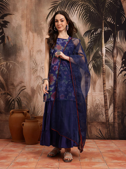 Floral Print Regular Pure Cotton Kurta with Sharara & Dupatta