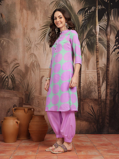 Geometric Print Band Collar Straight Kurta with Salwar