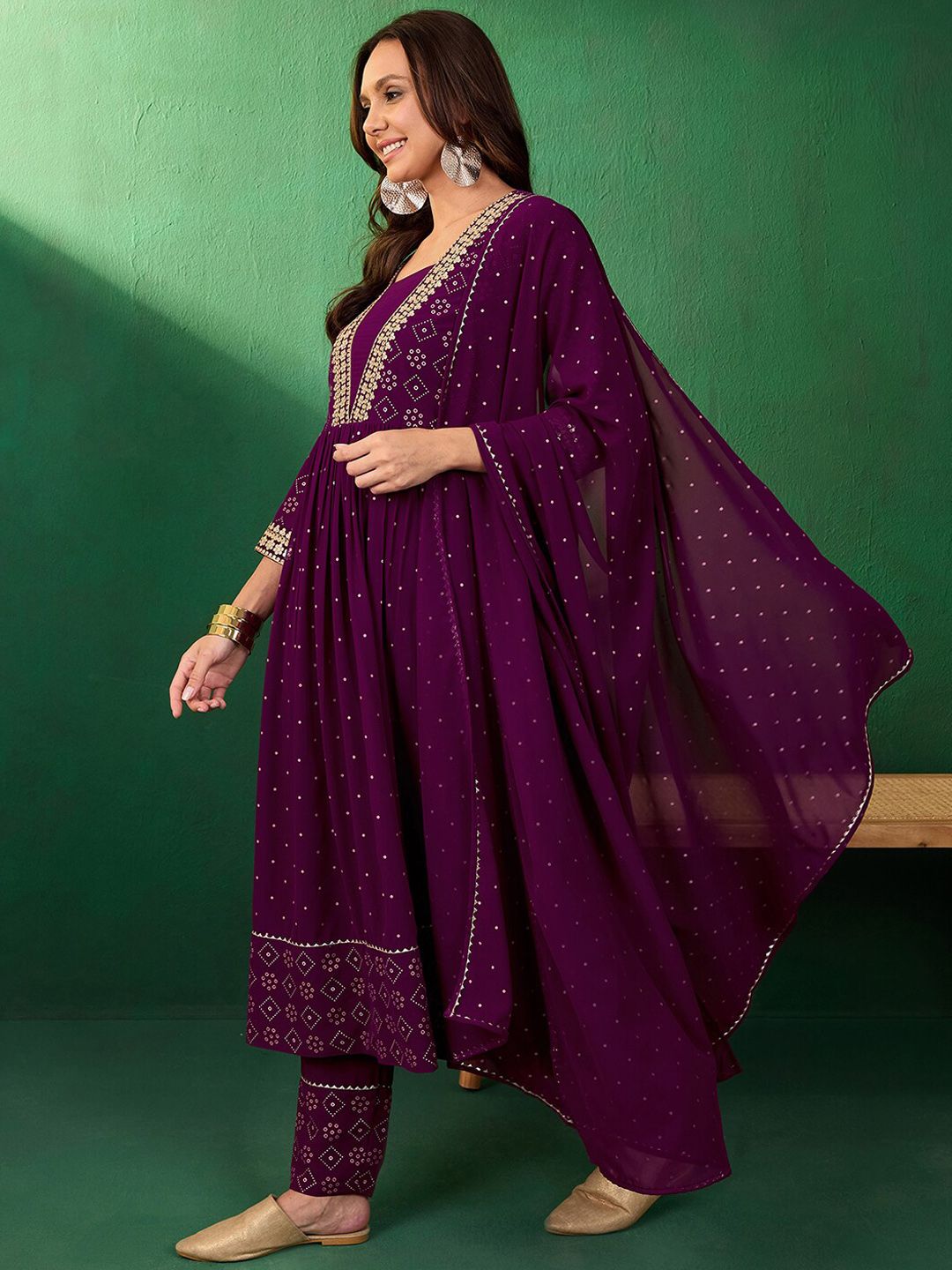 Dhiyona SN Women's Bandahni Printed Embroidered Anarkali Kurta & Trousers With Dupatta