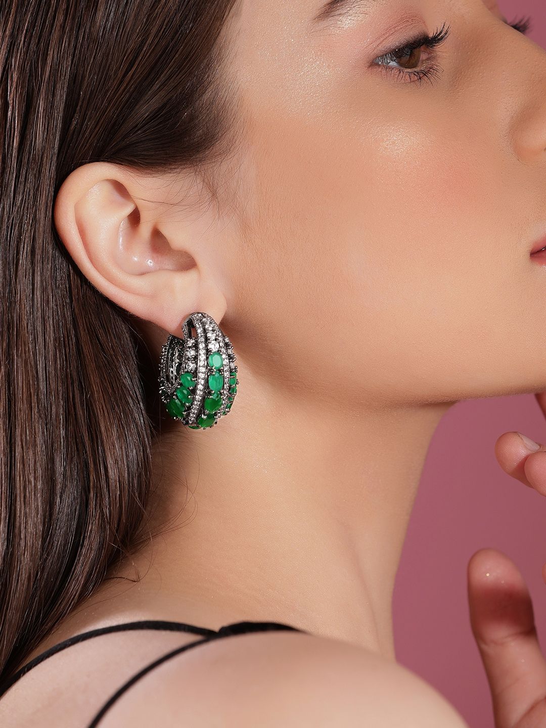 Dhiyona RJ Women's Rhodium Plated Emerald with AAA Cubic Zirconia Studded Luxurious Hoop Earrings