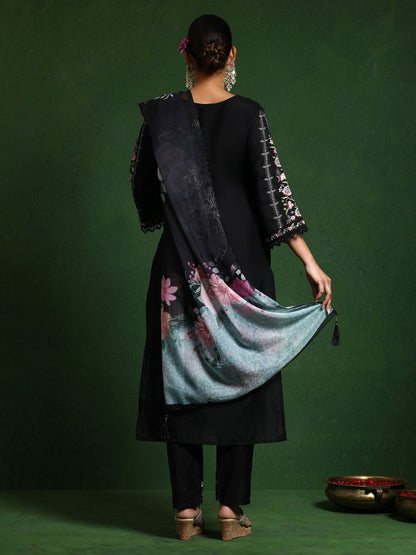 Black Women Floral Embroidered Regular Thread Work Pure Cotton Kurta with Trousers & With Dupatta