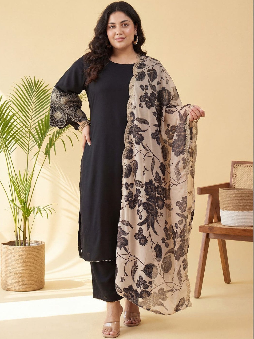 Plus Size Black Embroidered Straight Kurta Trousers With Dupatta Set