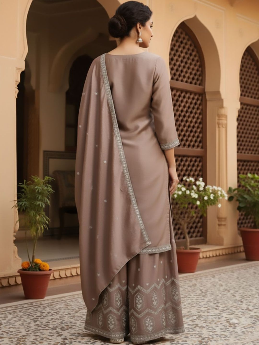Dhiyona HOP Embroidered Round Neck Kurta & Sharara with Dupatta Set