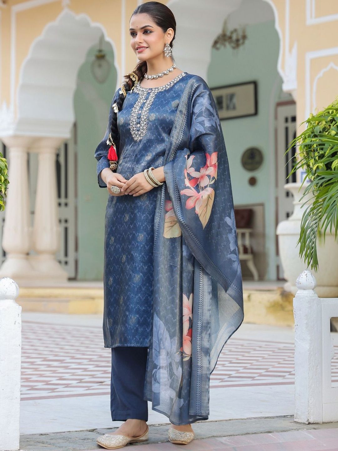 Dhiyona RR Women's Floral Printed Regular Thread Work Pure Cotton Kurta with Trousers & With Dupatta