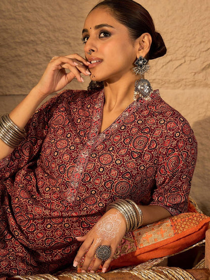 Dhiyona IE Printed Pure Cotton V-Neck Tunic With Trouser