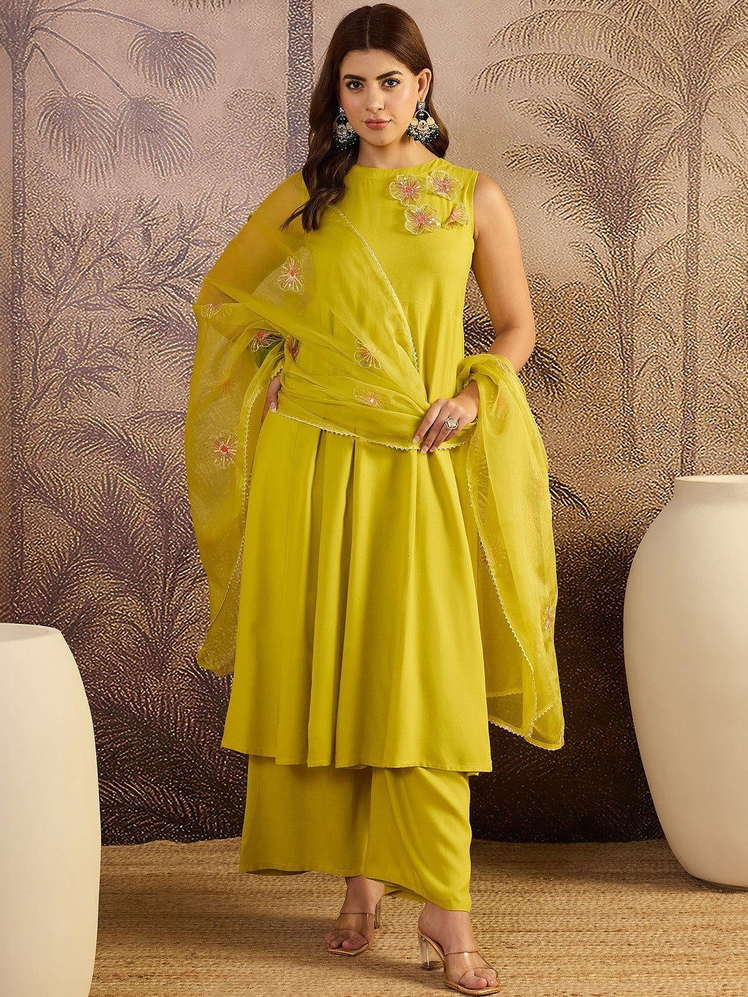 Dhiyona SN Embellished Round Neck Kurta & Palazzos With Dupatta