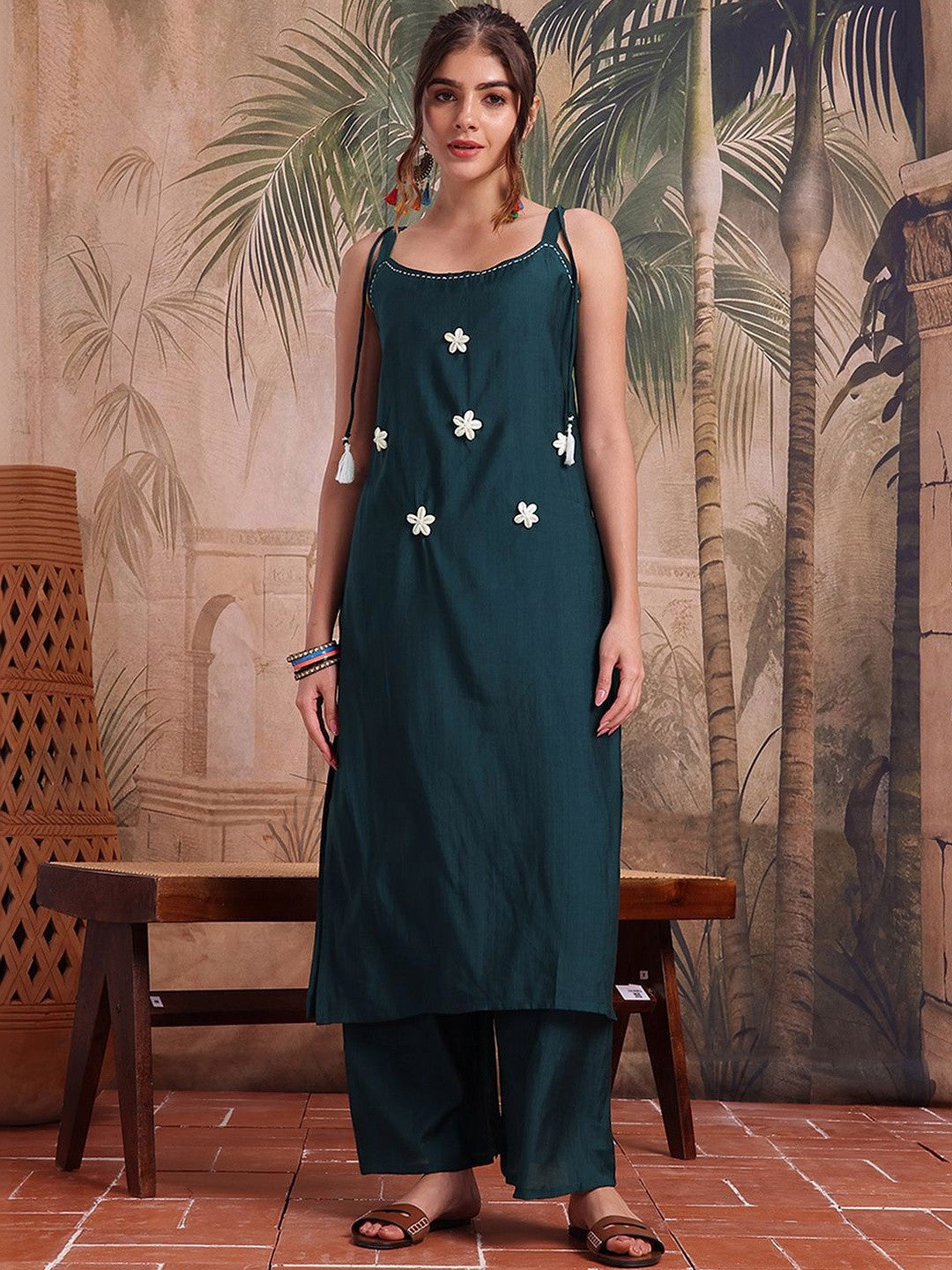 Embroidered Silk Scoop Neck Kurta & Palazzos