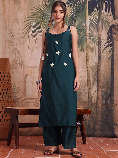 Embroidered Silk Scoop Neck Kurta & Palazzos