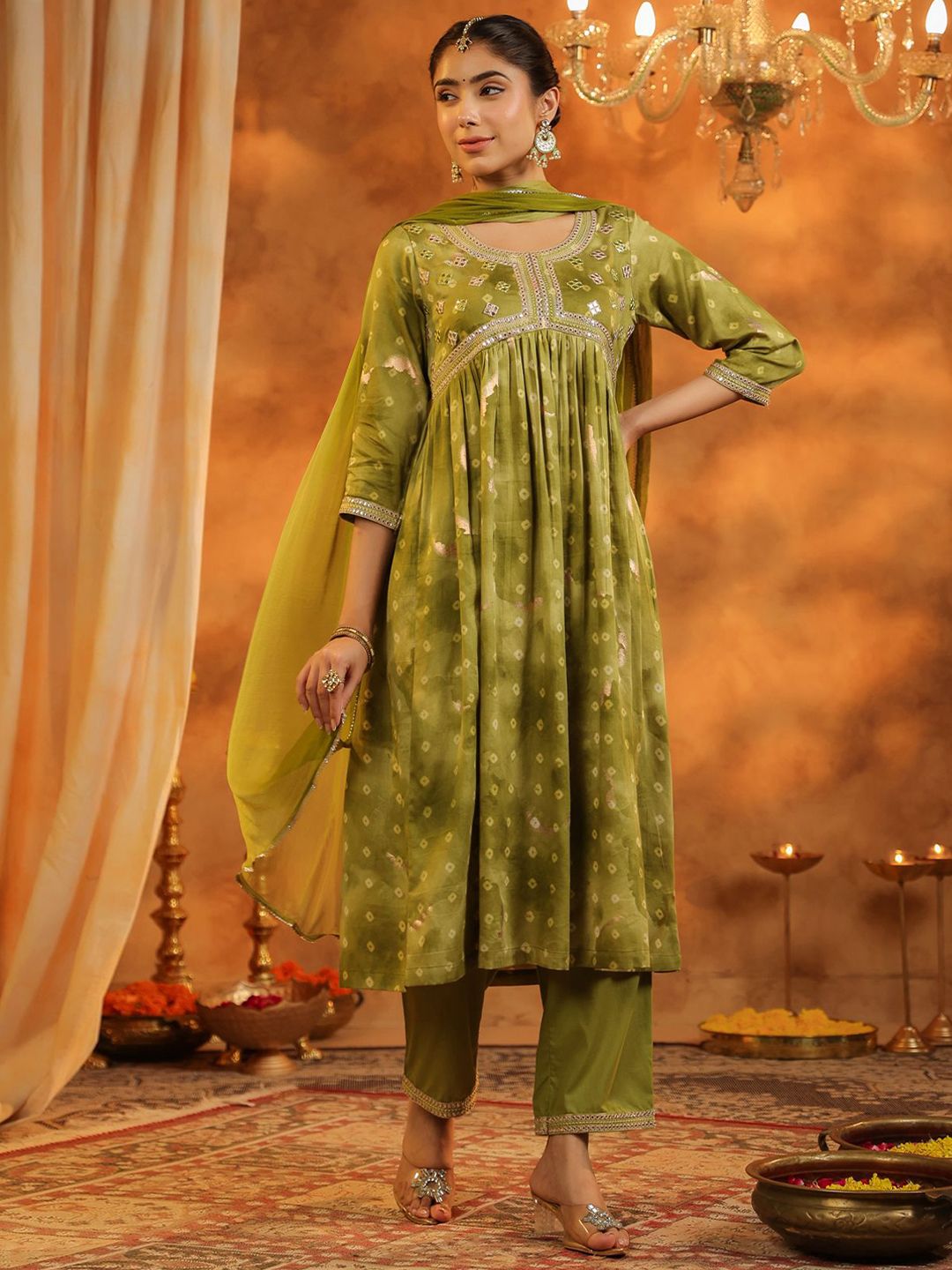 Dhiyona RR Women's Bandhani Printed Pure Cotton Anarkali Kurta with Trousers & Dupatta