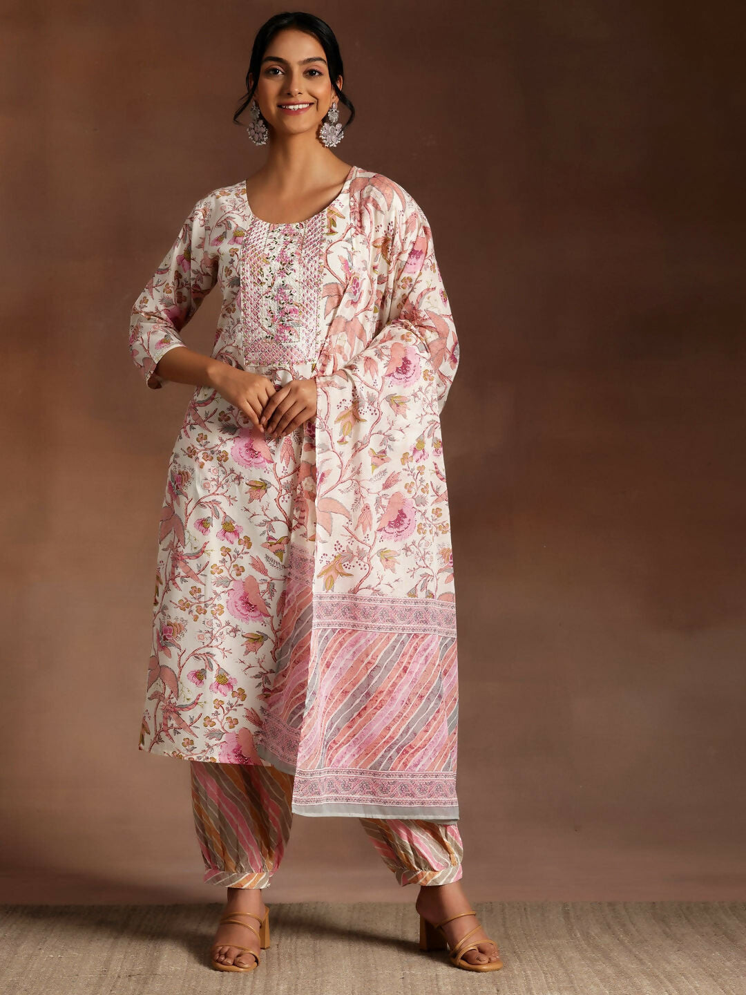 Women's LB Pink Printed Cotton Straight Suit With Dupatta