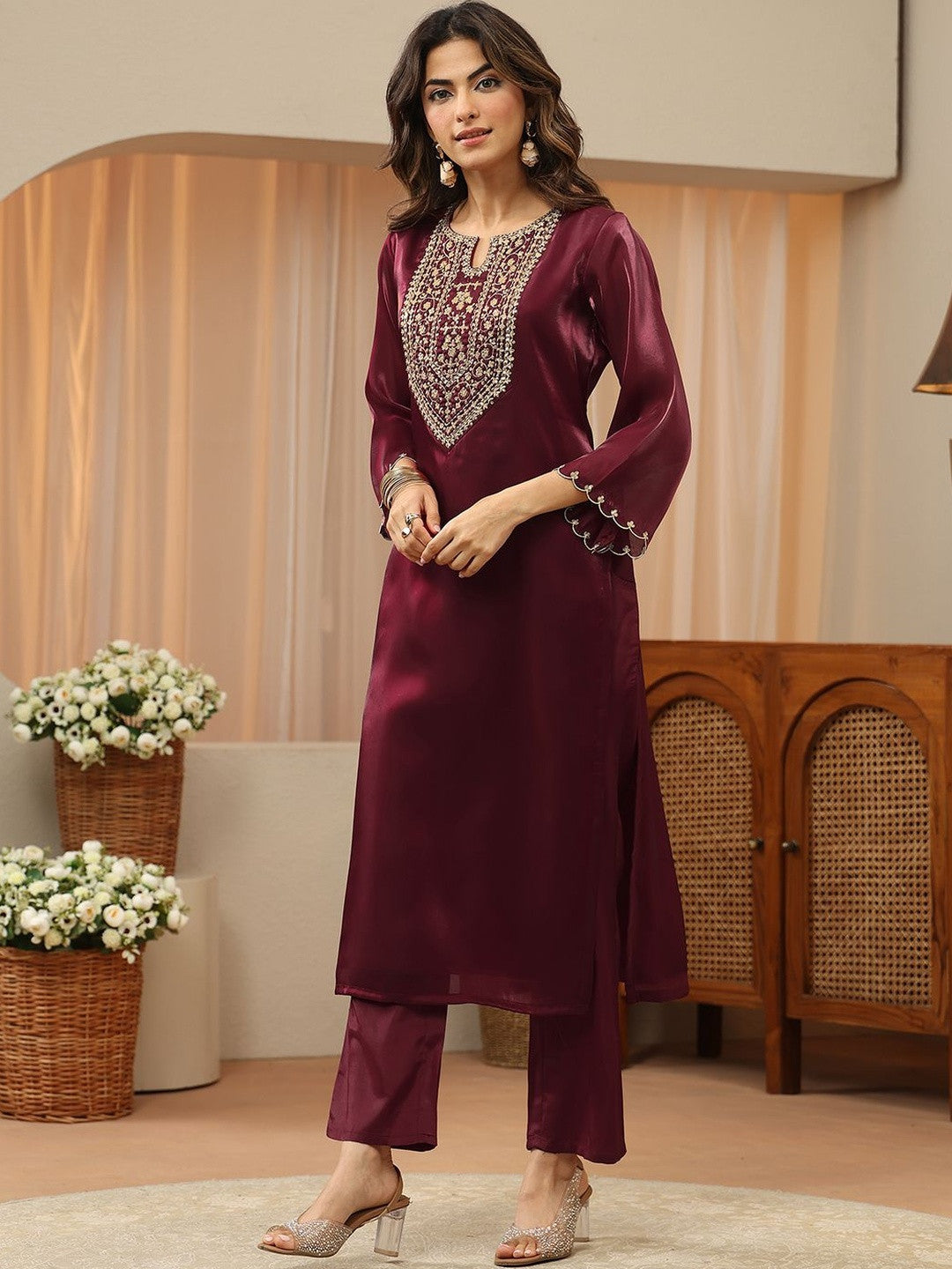 Libas Maroon Yoke Design Tissue Straight Suit Set