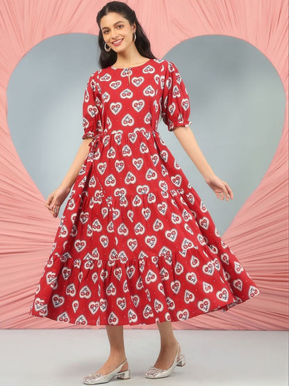 Dhiyona AY Women's Printed Cotton Fit & Flared Maxi Ethnic Dresses