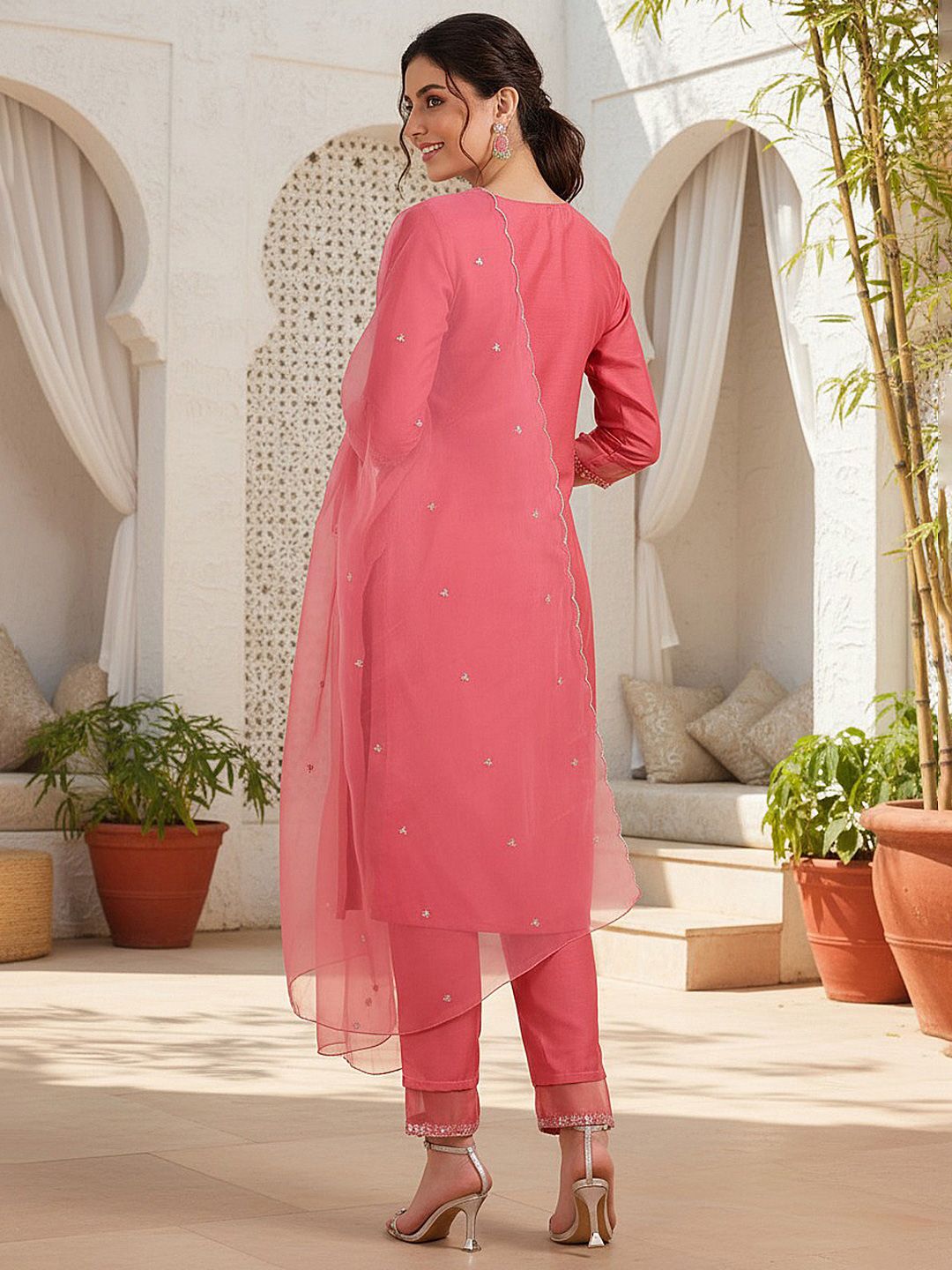 Dhiyona KL Ethnic Motifs Embroidered Sequinned Straight Kurta With Trouser & Dupatta
