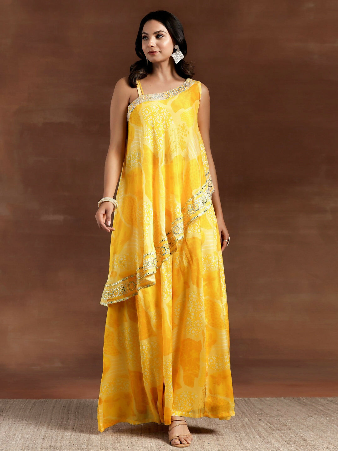 Women's LB Naaz Yellow Printed Silk Blend Co-Ords