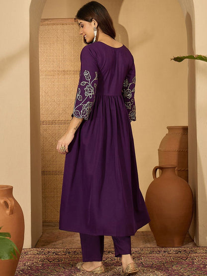 Floral Embroidered Empire Sequinned A-Line Kurta With Trouser