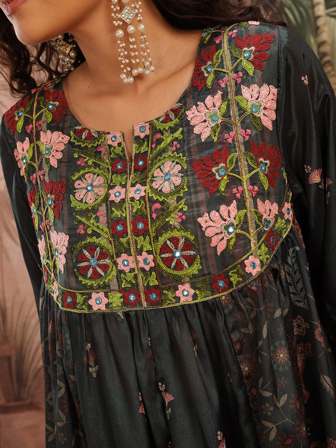 Ethnic Motifs Printed Thread Work Empire A-Line Kurta with Palazzos