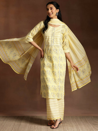 Women's LB Yellow Printed Cotton Straight Suit With Dupatta