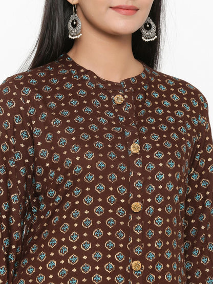 Dhiyona AN Brown Floral Printed Straight Kurta with Sharara