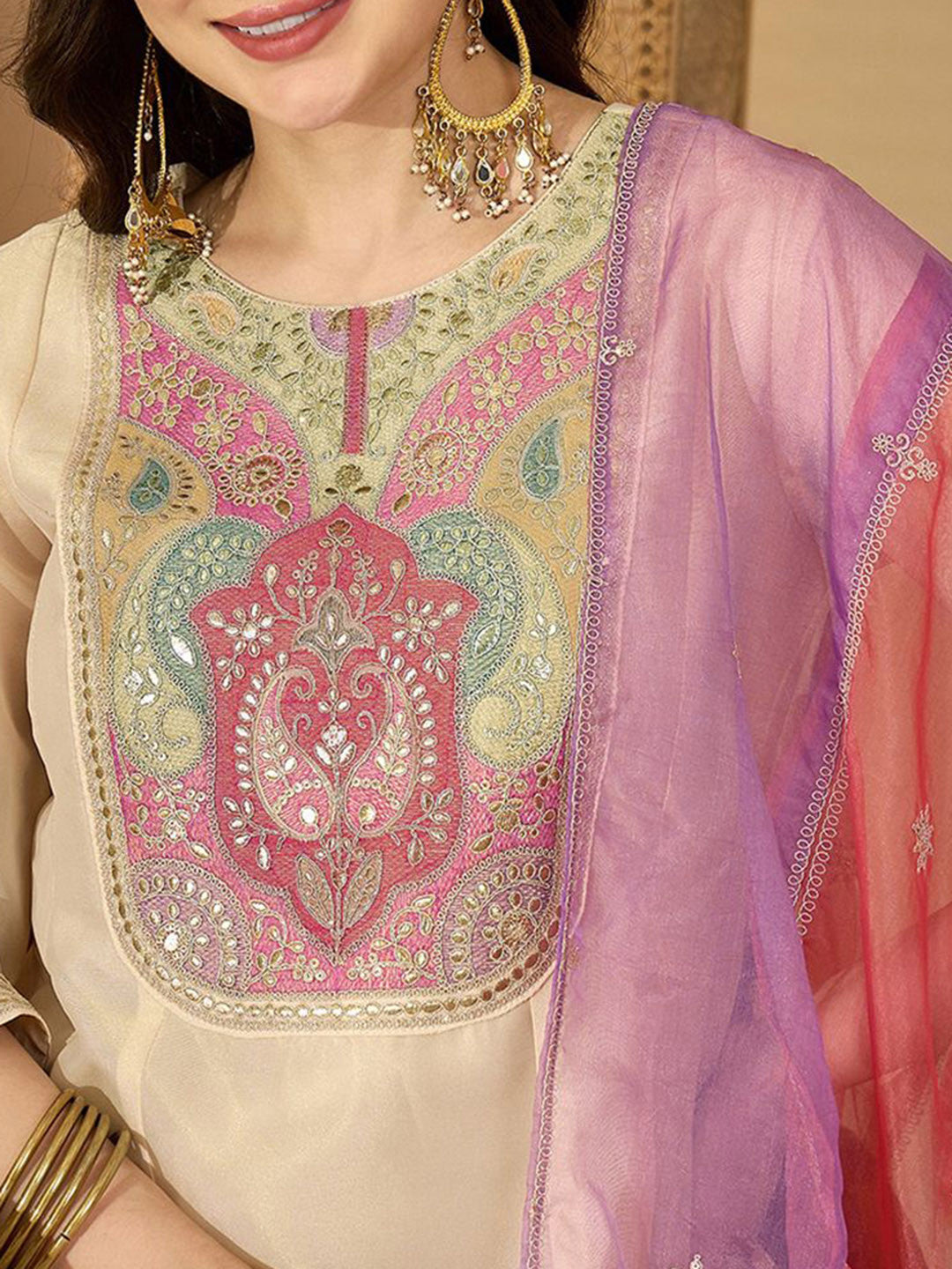 Women Ethnic Motifs Embroidered Round Neck Sequinned Kurta Trouser With Dupatta