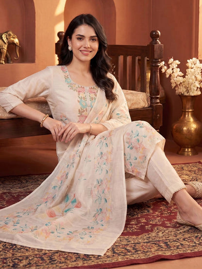 Women Floral Printed Regular Thread Work Linen Kurta with Trousers & With Dupatta