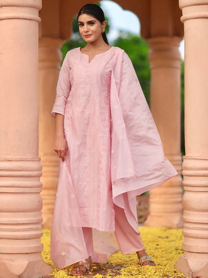 Women's LB Art Pink Embroidered Chanderi Silk Straight Suit With Dupatta