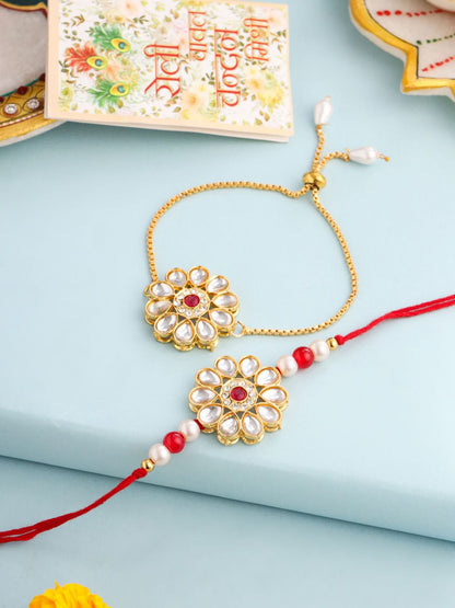 Dhiyona Set Of 2 Gold Toned Kundan Floral Design Bhaiya Bhabhi Rakhi Set With Roli Chawal