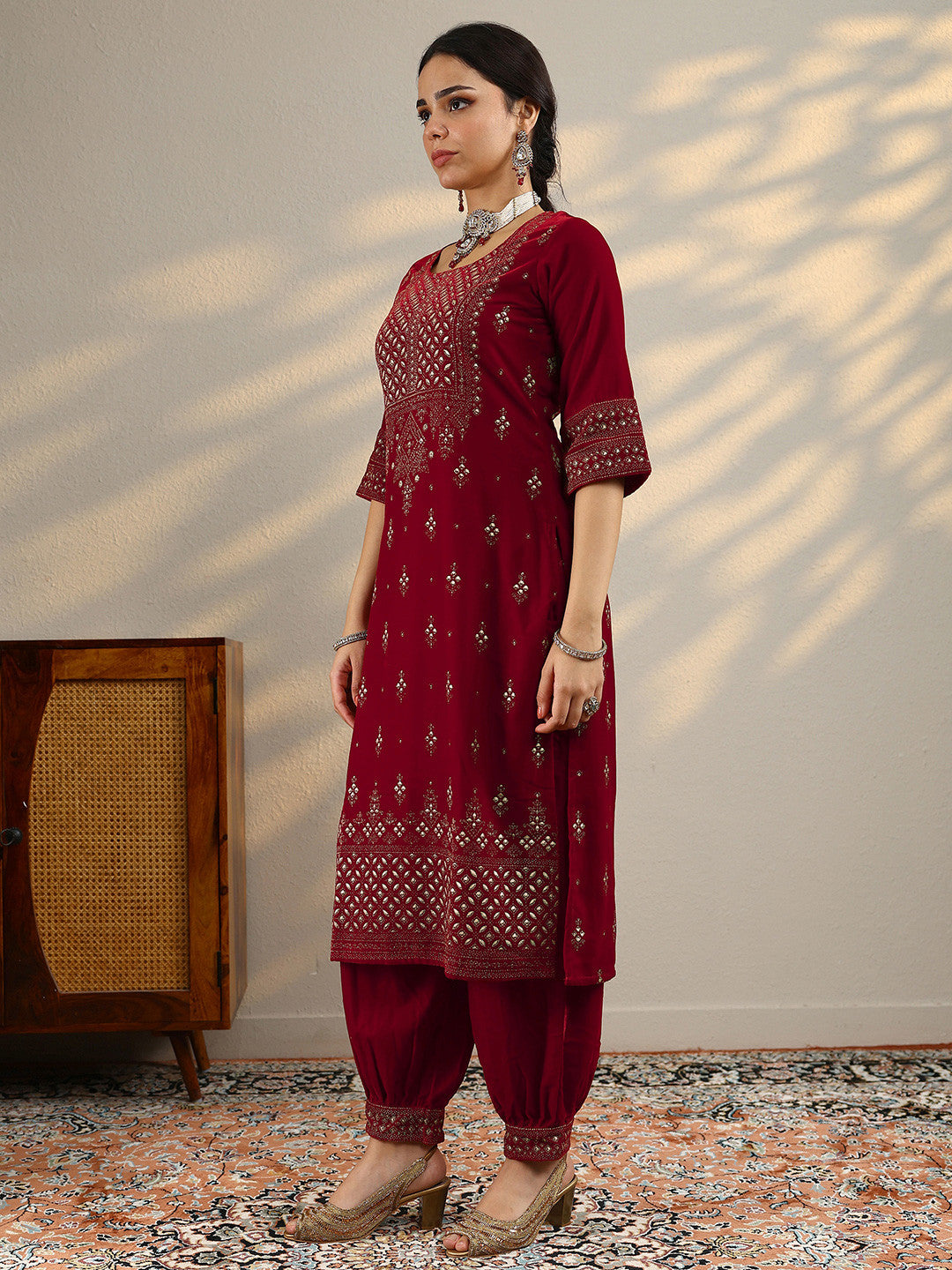 Ethnic Motifs Embroidered Straight Mirror Work Velvet Kurta with Salwar & Dupatta