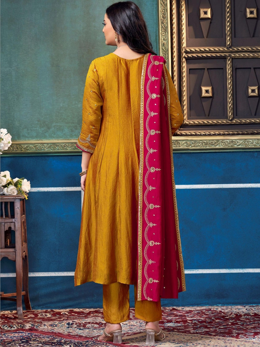 Embroidered V-Neck Kurta Trousers & Dupatta