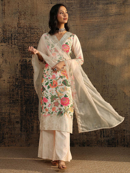 Dhiyona LL Women Floral Printed Regular Sequinned Kurta with Palazzos & With Dupatta
