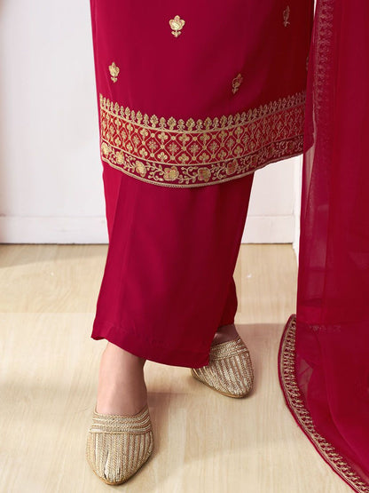 Dhiyona IN Floral Embroidered Round Neck Georgette Straight Kurta With Palazzos & Dupatta