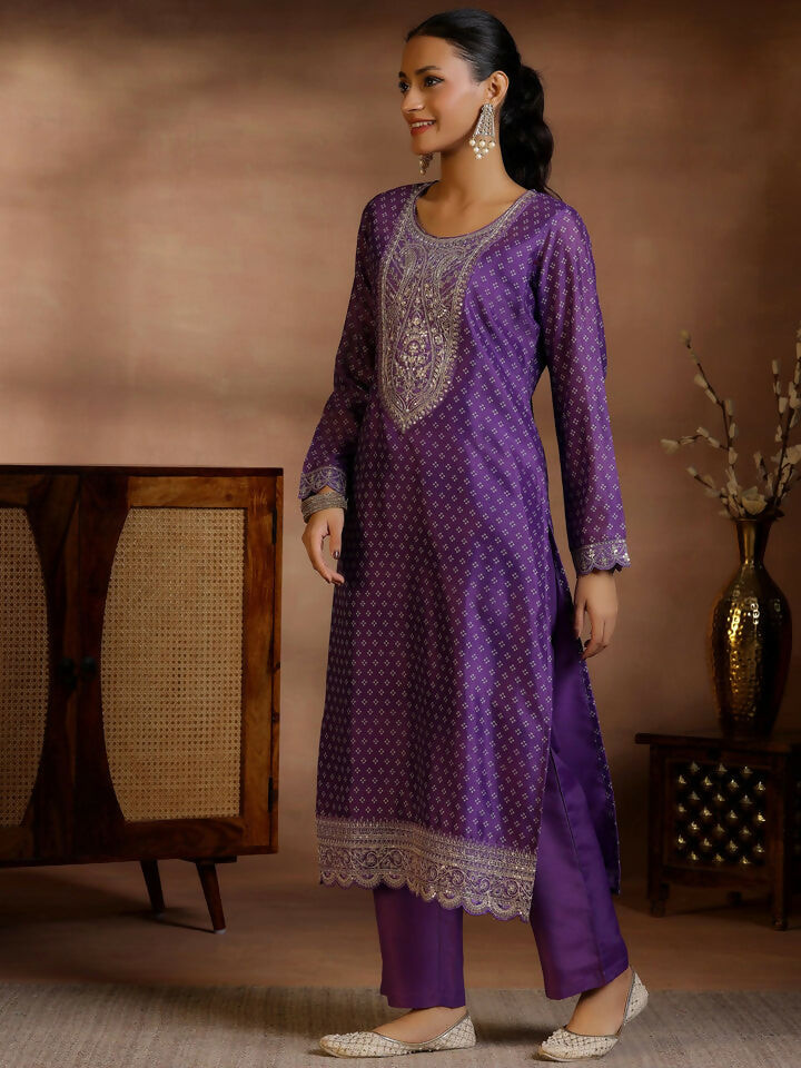 Women's LB Purple Printed Silk Blend Straight Suit With Dupatta