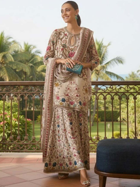 Dhiyona AN Women Floral Printed Regular Silk Crepe Kurta with Sharara & With Dupatta