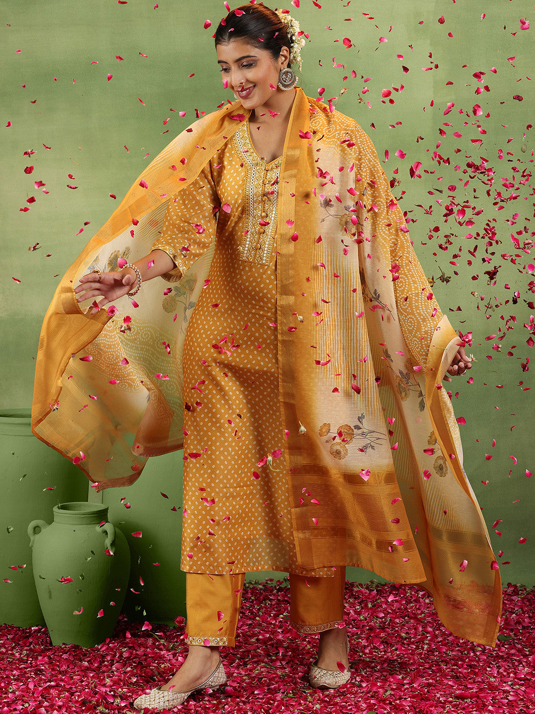 Bandhani Printed V-Neck Mirror Work Straight Kurta With Trousers & Dupatta