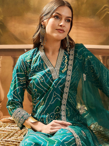 Women's Green Bandhani Print & Embroidered Muslin Straight Kurta Pant Dupatta Set