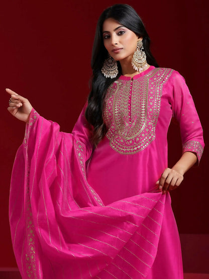 Women's LB Art Pink Yoke Design Chanderi Silk Straight Suit With Dupatta