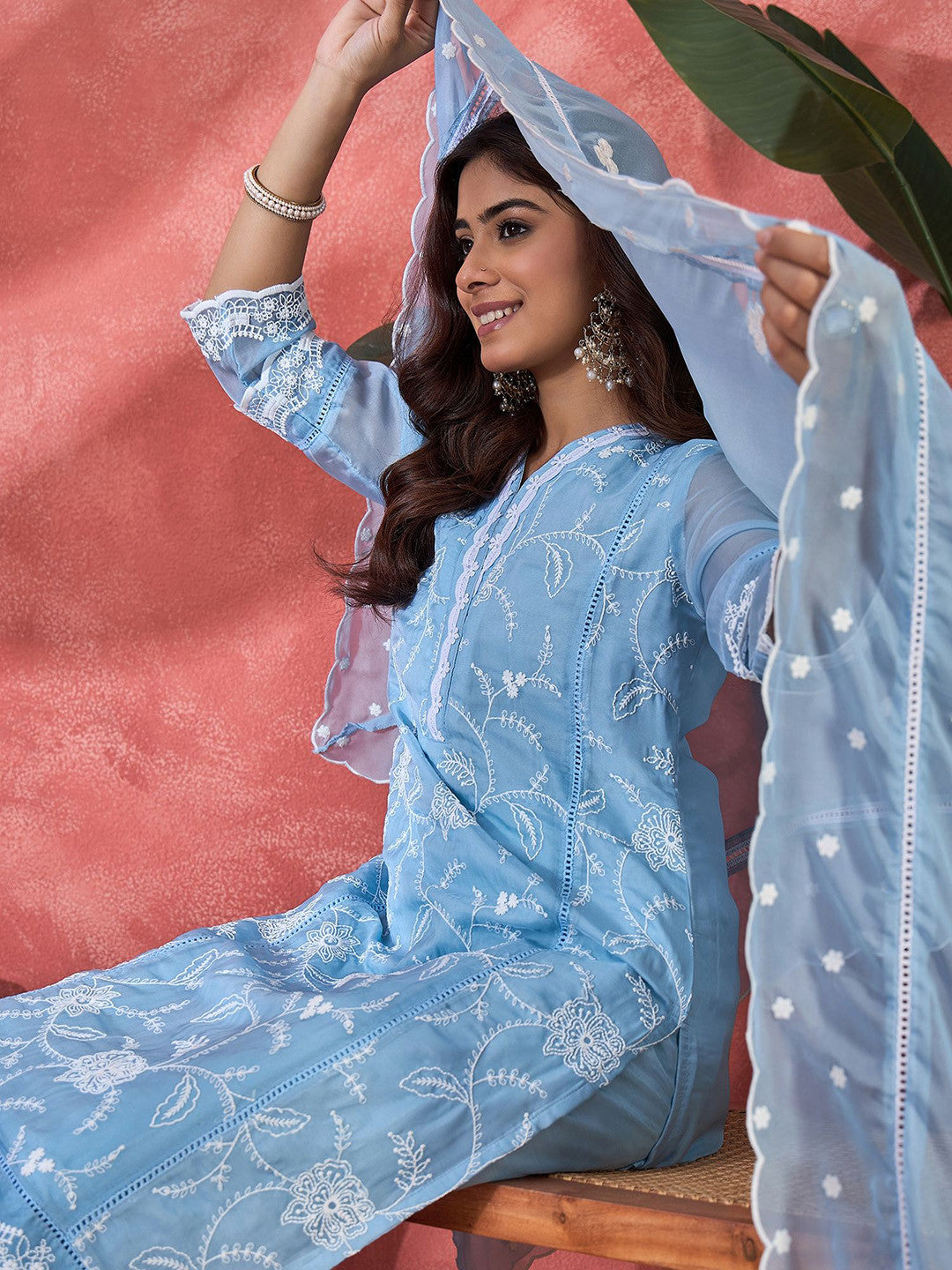 Embroidered V-Neck Chikankari Organza Kurta With Trousers And Dupatta