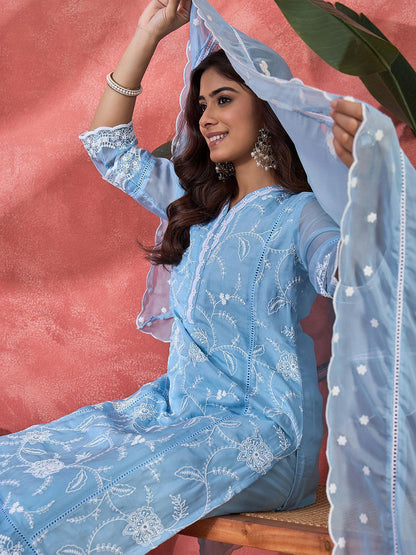 Embroidered V-Neck Chikankari Organza Kurta With Trousers And Dupatta