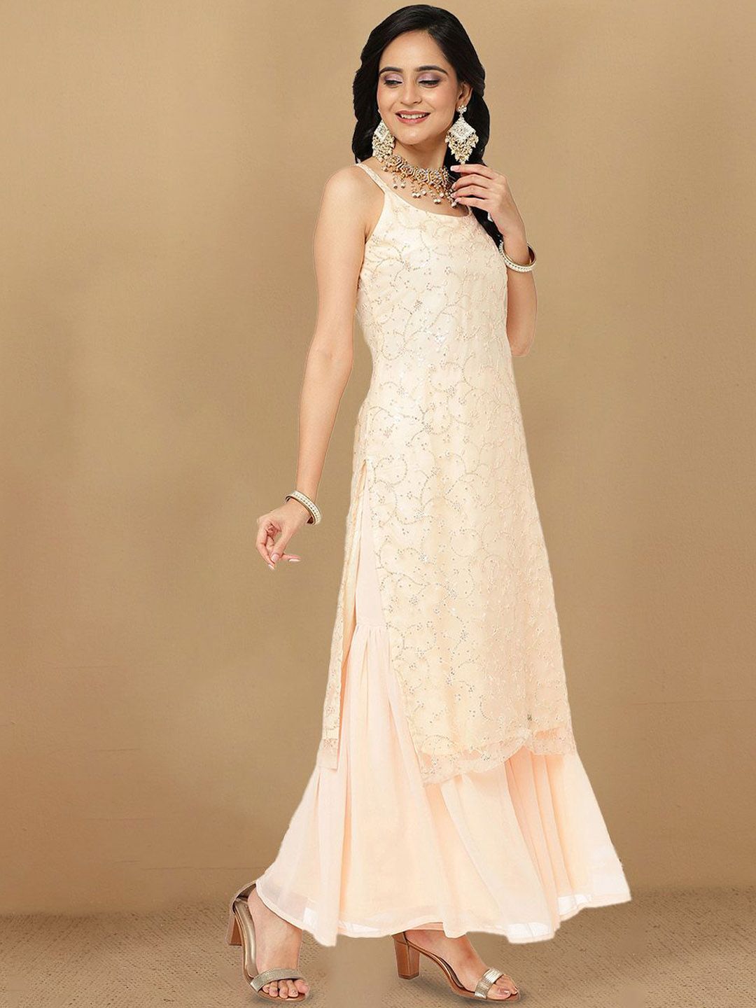 Dhiyona HOP Floral Embroidered Sequnnied Straight Kurta Sharara & Dupatta
