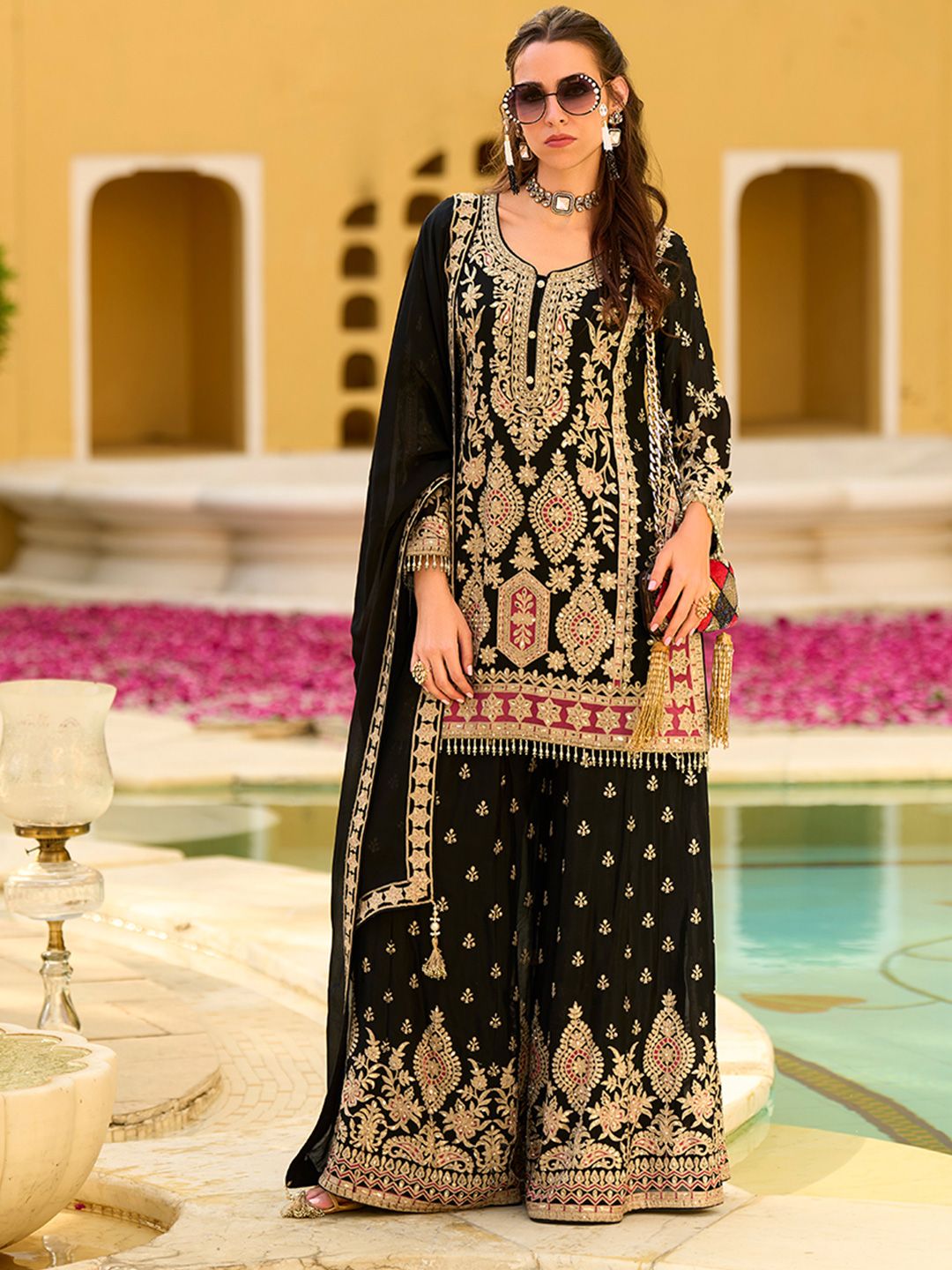 Dhiyona HOP Women Embroidered Straight Kurta & Sharara With Dupatta