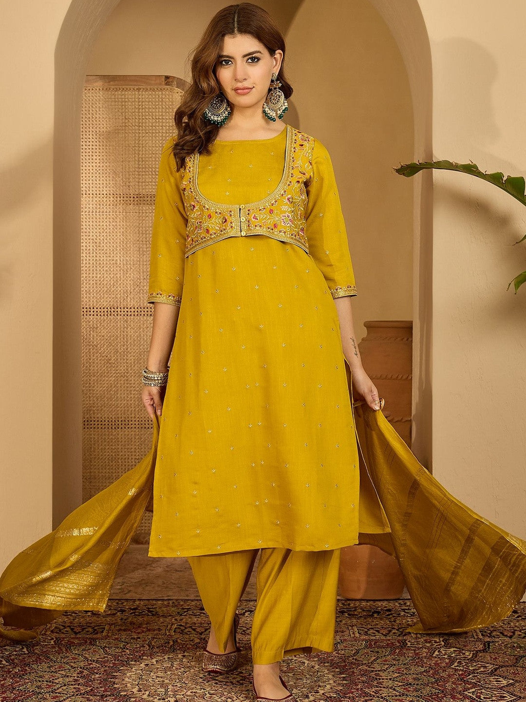 Women Mustard Embroidered Kurta Sets With Dupatta