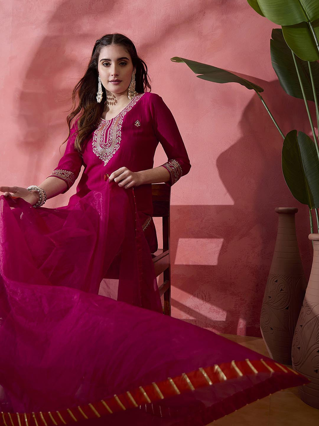 Pink Floral Embroidered Round Neck Straight Kurta With Trousers And Dupatta