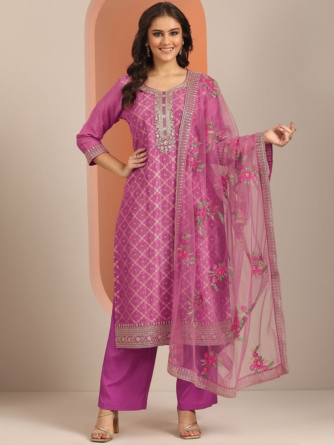 Dhiyona LL Women Ethnic Motifs Embroidered Kurta with Palazzo & Dupatta