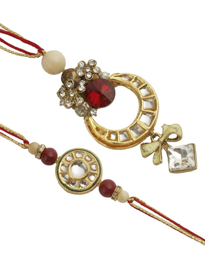 Dhiyona Red Stone Studded & Beaded Bhaiya Bhabhi Thread Rakhis With Roli Chawal