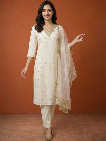 Women Ethnic Motifs Embroidered Regular Kurta with Trousers & With Dupatta