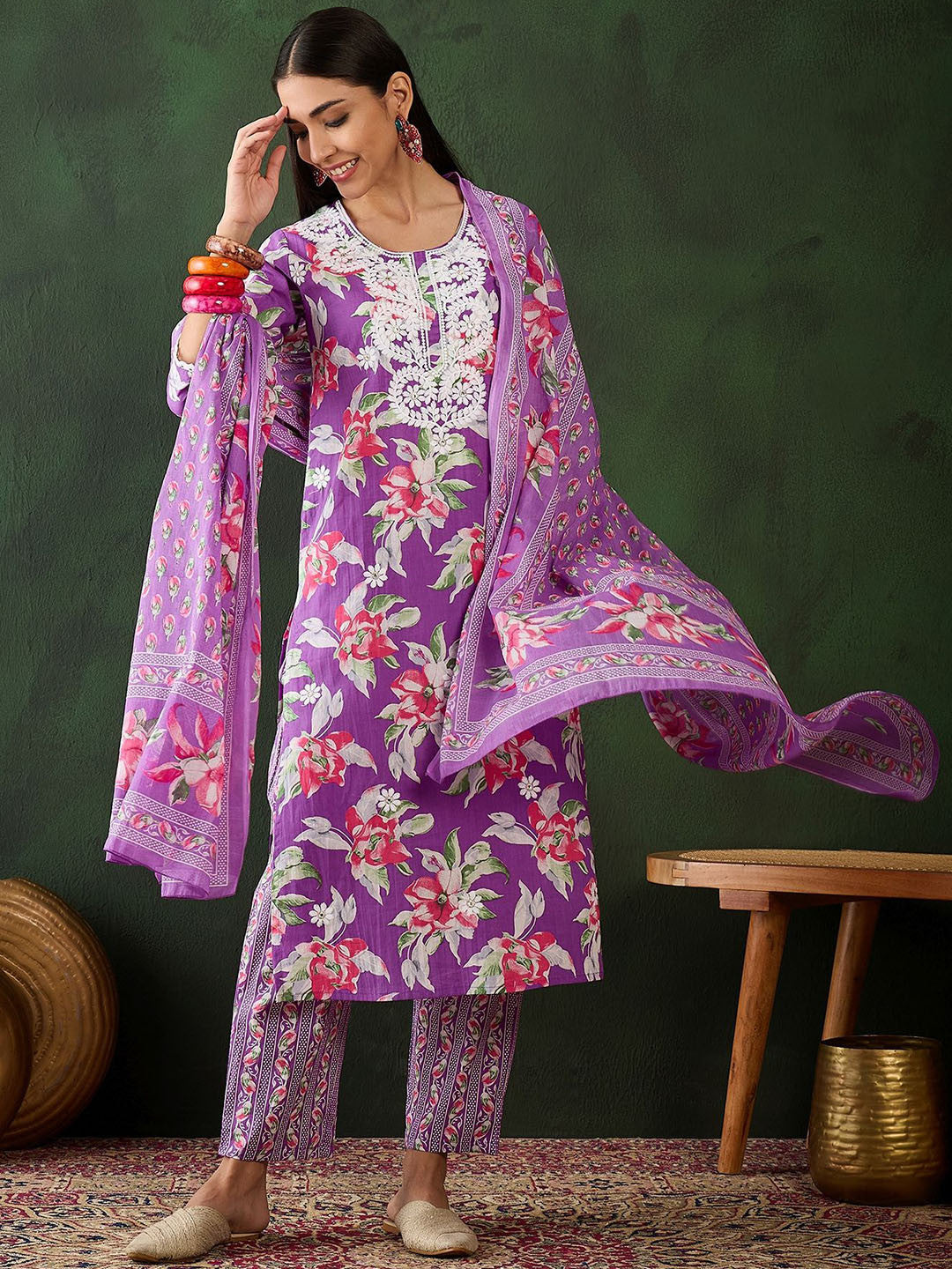 Floral Printed Thread Work Pure Cotton Kurta With Trousers & Dupatta